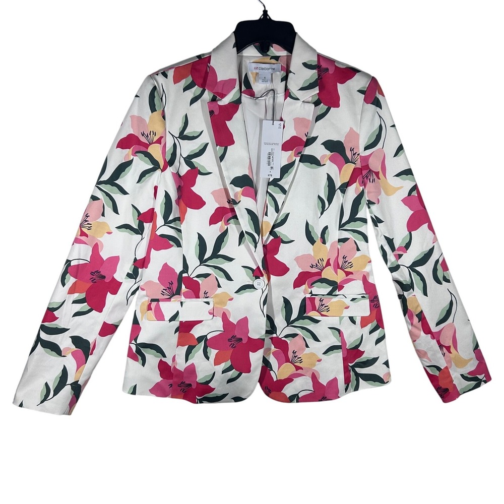 Liz Claiborne White Floral Print Blazer Jacket Women's Size 4 Vibrant Colors NEW
